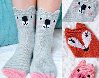 Pawsome Pals Koala, Fox, and Pig Animal Socks KNITTING PATTERN in Girls and Adult Sizes