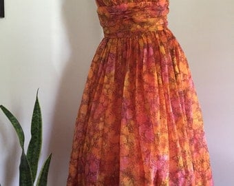 Vintage 50's Orange Floral Empire Waist Chiffon Prom Dress Strapless