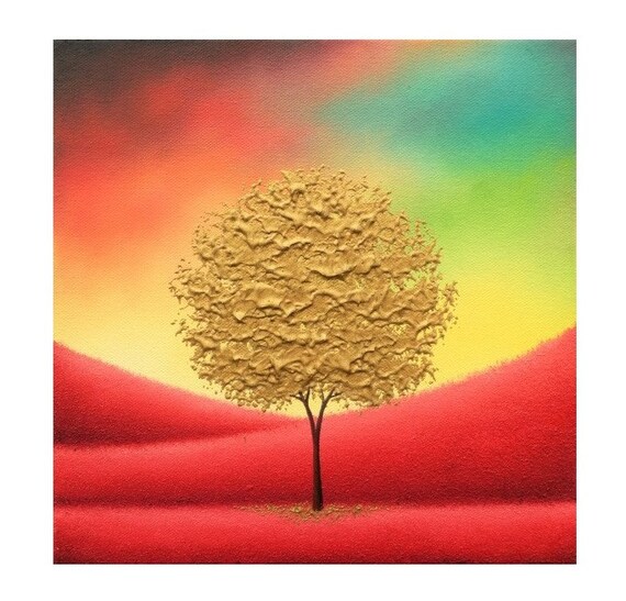 Gold Tree Art Print Contemporary Art Red Landscape by BingArt