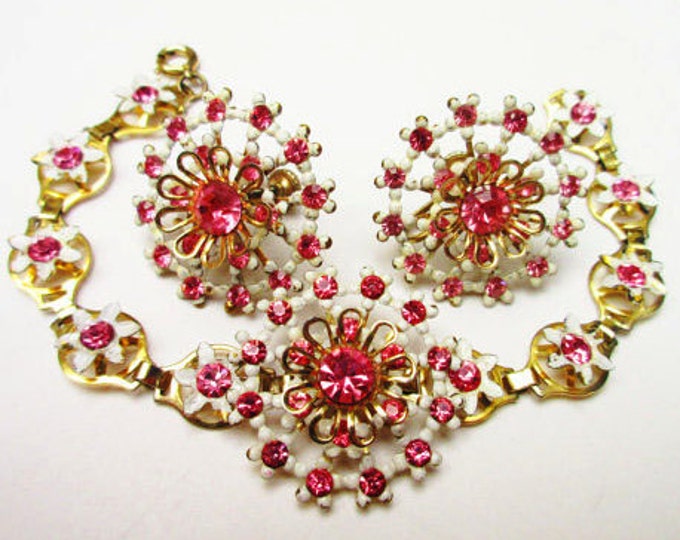 Vintage Bracelet and Earring set Pink rhinestone and white Enamel flowers