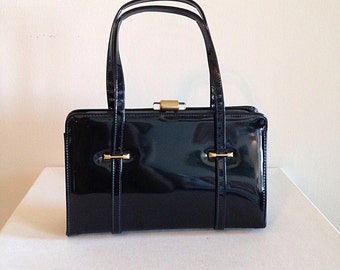 Vintage Mad Men Black Patent Leather Retro Mid Century Handbag Purse