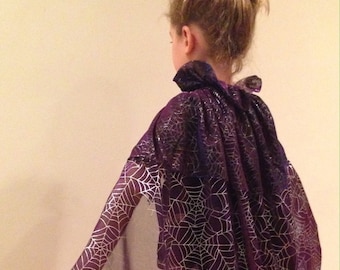 Reversible Halloween Witch Costume Magic Loop Dress Up Cape Cloak in Shimmery Sheer Purple Cosmic Silver Foil Spider Webs