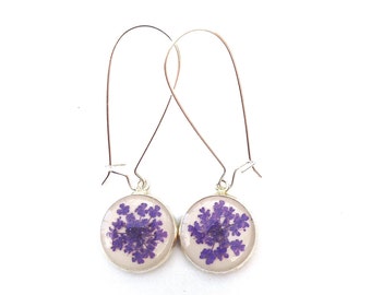 purple earrings, flower lover jewelry everyday earrings in violet purple, real flower earrings, real flower jewelry, botanical earrings,