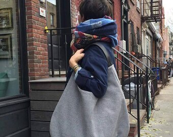 Large hobo canvas with genuine leather, grey shoulder bag, large handbag, carry bag, xxl shoulder hobo, packable big bag, natural leather