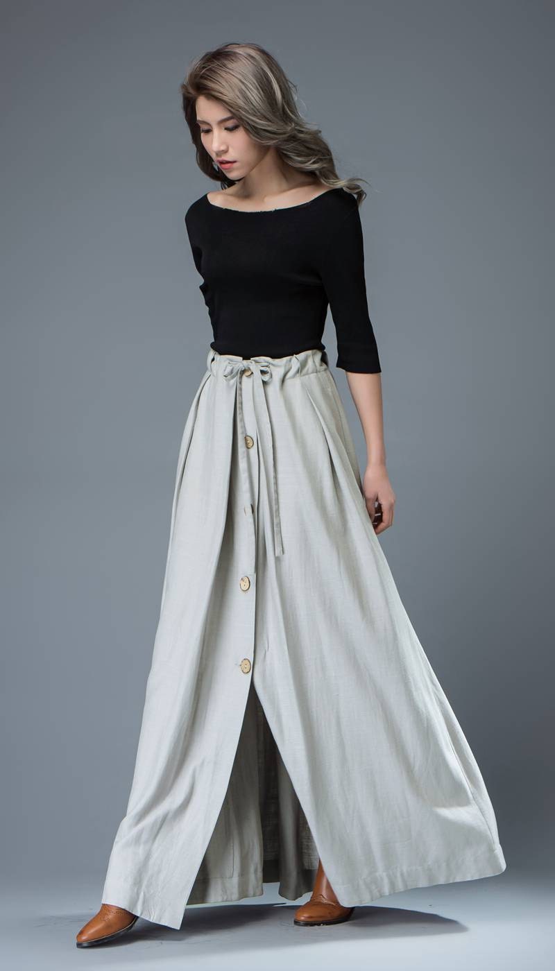 Maxi Skirt Light Gray Linen Buttoned Long Pleated Casual