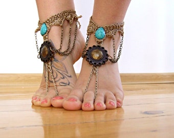 Turquoise boho BAREFOOT sandles barefoot sandal victorian barefoot GYPSY SUMMER sexy anklet jewelry foot thongs bottomless shoes