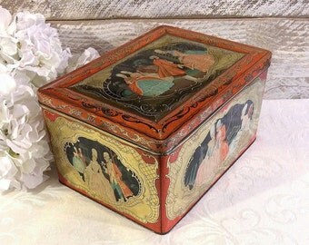 Romantic Very Large Vintage Tin Box, c 1930, Courtship, 18th Century Scene, 1700s Fashions, Hoop Skirts, Orange Gold, Large Trinket Box