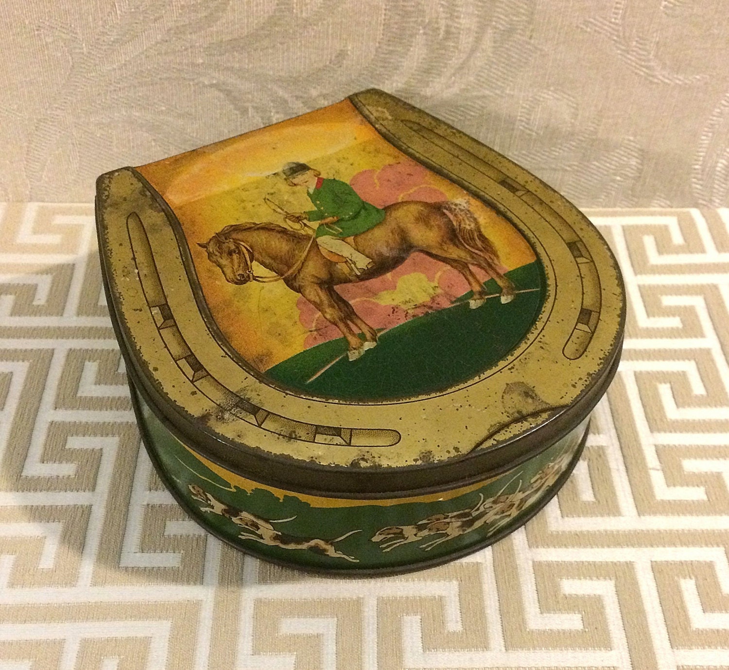 Rare 1920s Biscuit Tin Woman on Horse Fox Hunt Antique Tin