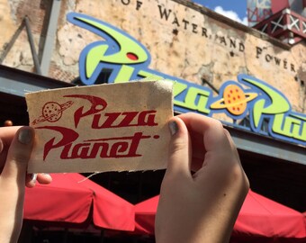 Pizza Planet-inspired screen-printed patch