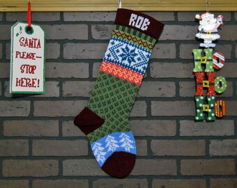Personalized Hand Knit Christmas Stocking in Burgundy with Teal Snowflake and White Trees, Fair Isle Christmas Stocking, Housewarming Gift