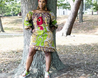 B A D I L I Collection - Li Li Girl Off the Shoulder Dress and Head Wrap Set made from African Dutch Wax: African Clothing