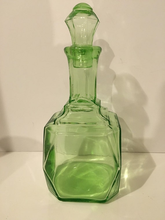 Vaseline Uranium Depression Glass Decanter Art Deco 7951