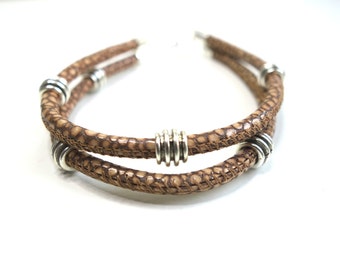 light brown stingray leather bracelet, shagreen, beige leather bracelet, leather and silver jewelry, leather jewelry, gift idea for him