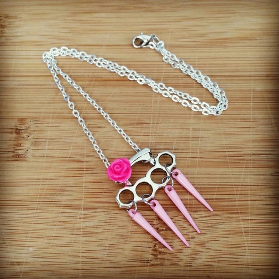 Pink brass knuckles necklace rockabilly by