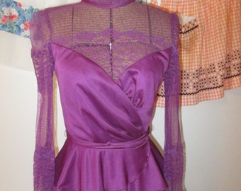Purple 1940s Style Dress - Formal Dress with Lace Bodice and Peplum