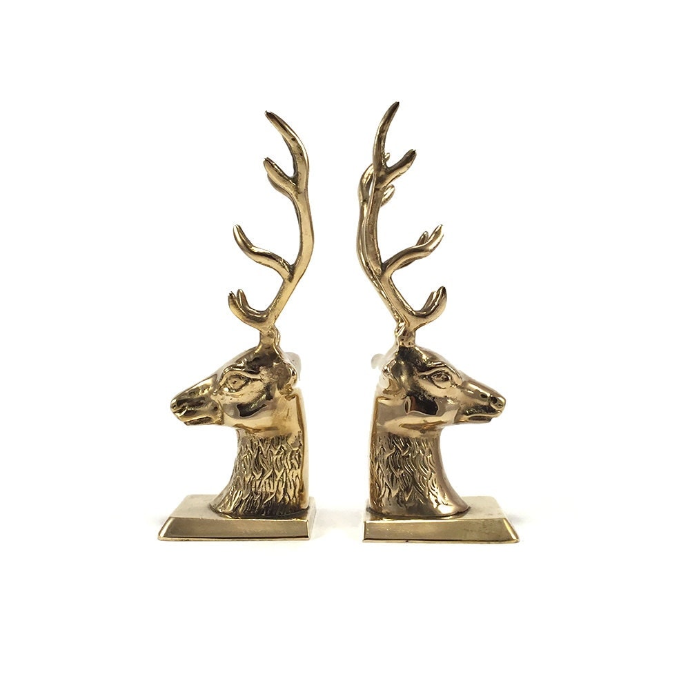 Vintage Brass Deer Head Bookends Gold Reindeer by HarpersFlea