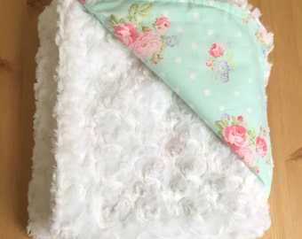 SHABBY CHIC Girl's Baby Blanket Floral Blue Pink Swaddle White Faux Fur Baby Shower Gift by BizyBelle