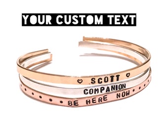 Custom Hand Stamped Jewelry. Thin Cuff Bracelet. Yoga Jewelry. Custom Jewelry. Mantra Bracelet.Personalize Engraved Cuff