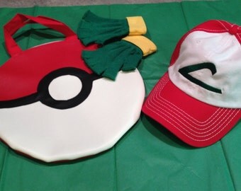 CHILD SET - Pokemon Trainer Costume Set - Ash Ketchum - Hat/ Poke Ball Bag/ Gloves Accessories - Anime Cosplay