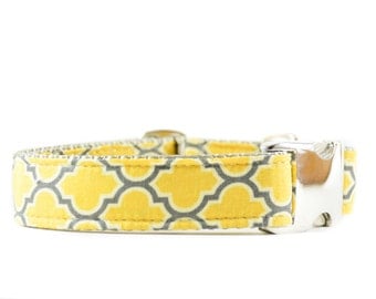 Moroccan Dog Collar - Yellow and Grey Lattice Print Metal Buckle Adjustable Dog Collar