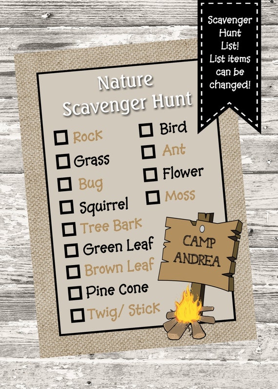 Camping Party Campout Nature Scavenger Hunt List Digital