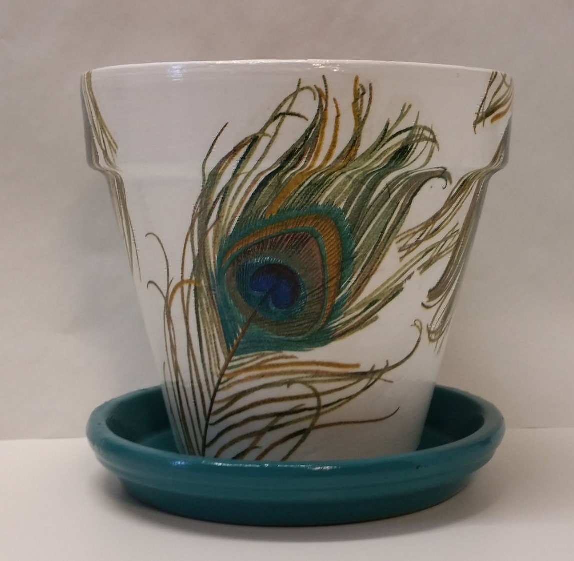 Handmade Decoupage Terra Cotta Clay Flower Pot Peacock