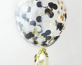 16" Clear Latex Confetti Balloon - Black, Gold and white, Custom Balloon, Gold Balloon, Wedding Balloon