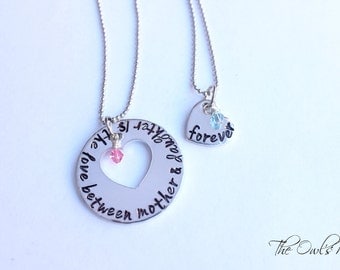 SALE Hand Stamped Mother Daughter Necklace Set The Love Between Mother & Daughter Is Forever