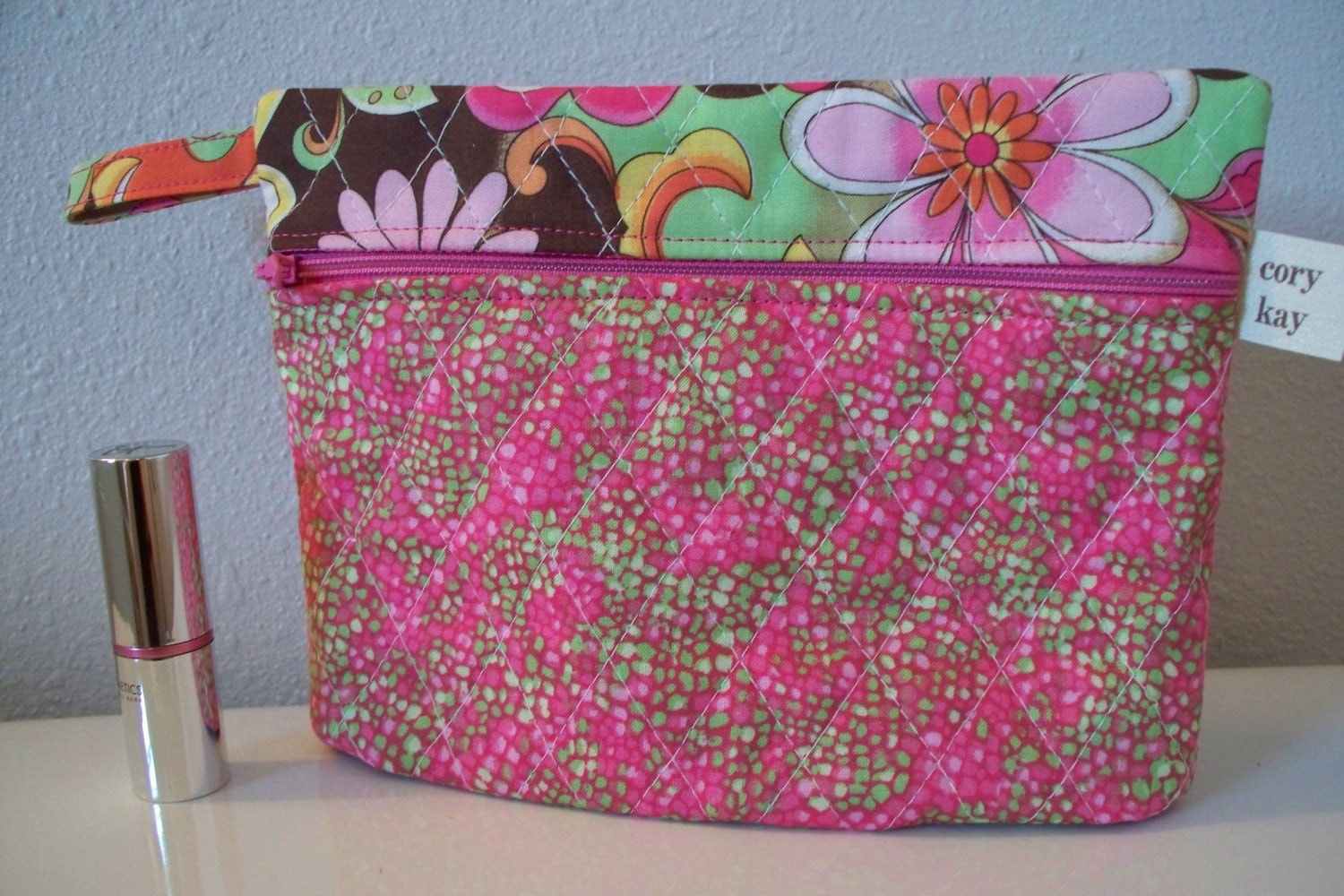 Vinyl Lined Cosmetic Bag Quilted Makeup Bag Diaper Clutch