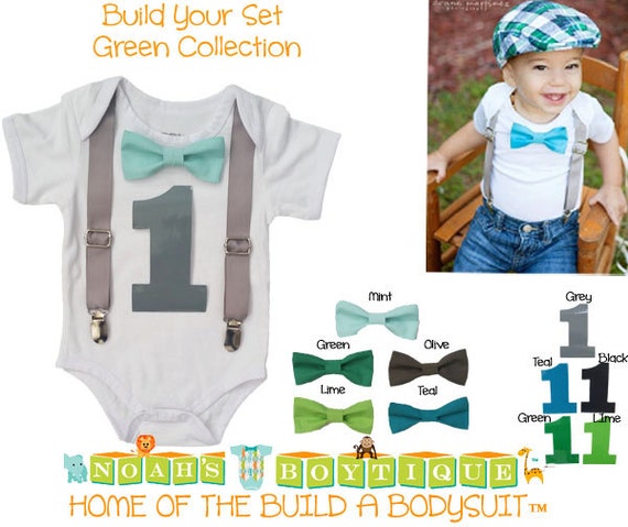 Baby Boy First Birthday Outfit - Grey and Green Teal - First Birthday Shirt - First Birthday Clothes - 1st Birthday - Suspenders Bow Tie by NoahsBoytiques