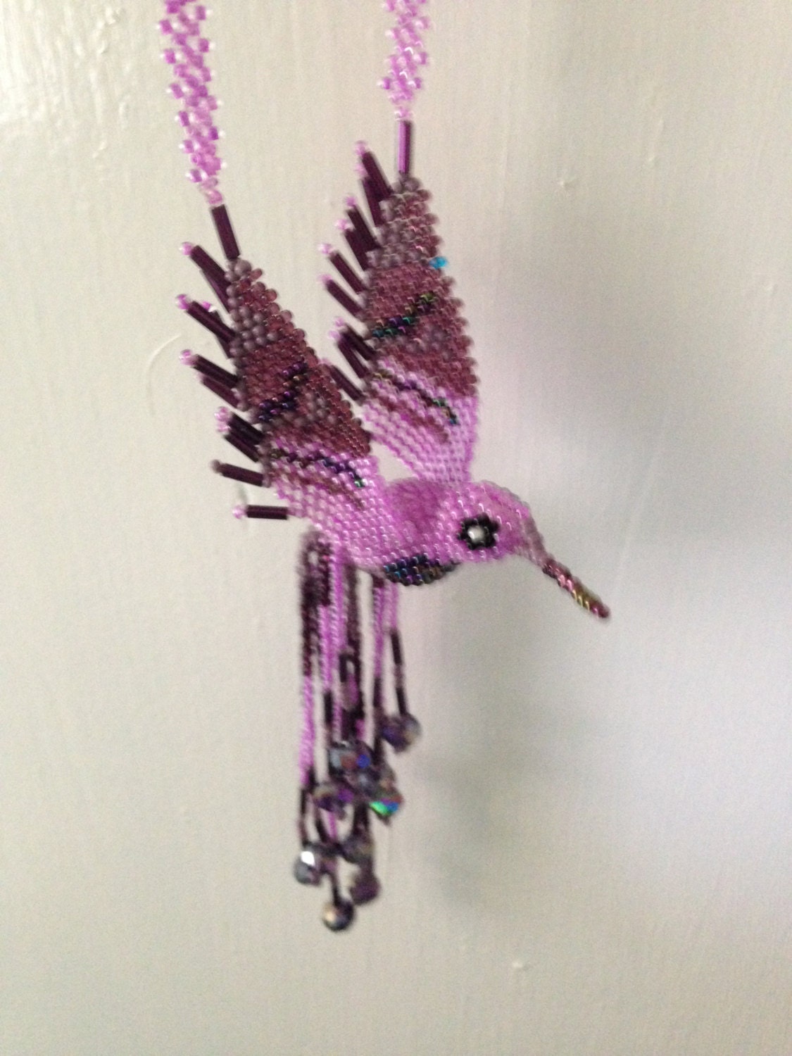 hummingbird puprle necklace bird glass crystal tail seed bead