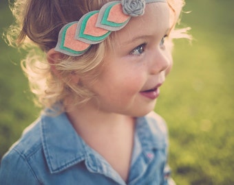 Felt Feather Headband - Layered Felt Flower - Felt Halo - Felt Crown - Felt Feather Halo - Felt Feather Crown - Mint Coral Grey Headband