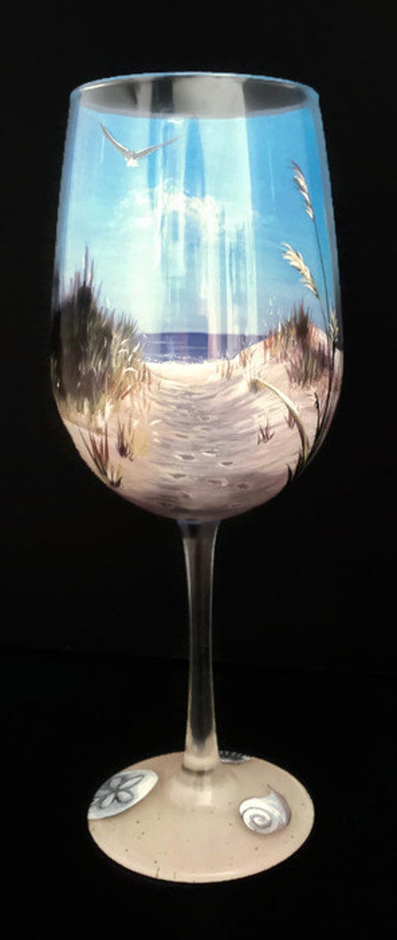Beach Hand Painted Wine Glass Footprints in the Sand Coastal