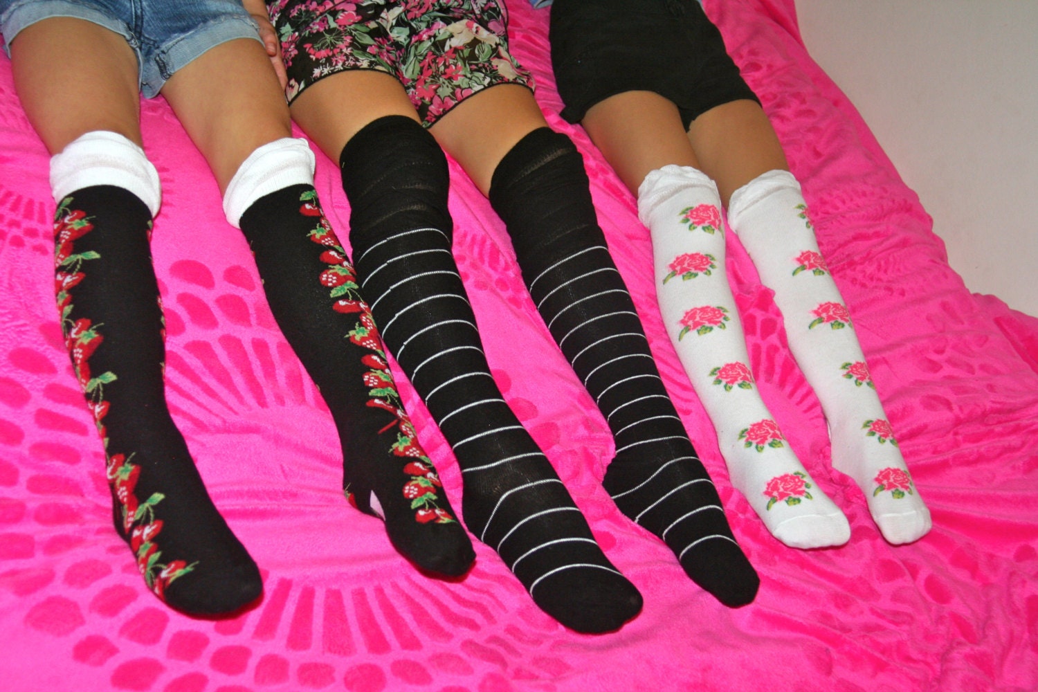 Girls Knee High Socks in Black White Pink BrownTurquoise