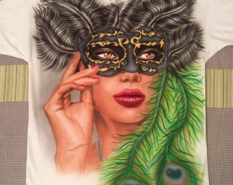 Custom Airbrushed T-Shirt, Venetian Mask, feather, New!!! Unique "S" single item