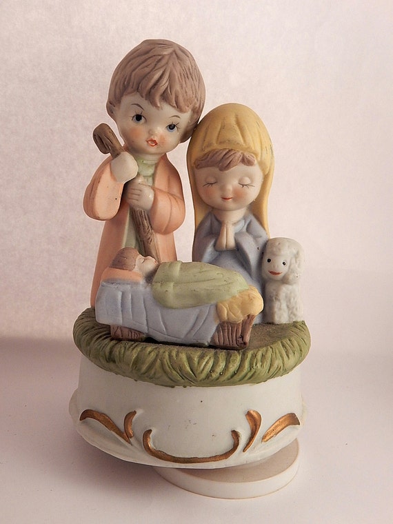 Nativity Scene Music Box Plays Silent Night Porcelain Bisque