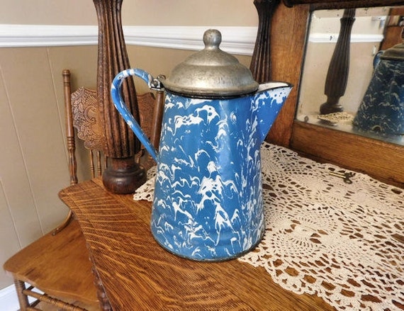 1800s Graniteware Coffee Pot Boiler Antique Enamelware Blue White Swirl Cottage Chic Farmhouse Country Camping Cookware Cooking Granite Ware