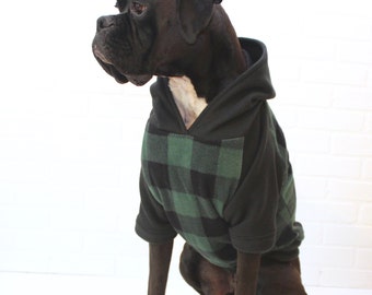 Dog Hoodie Large Dog Sweater Clothing for Girl/Boy in Green Buffalo Plaid