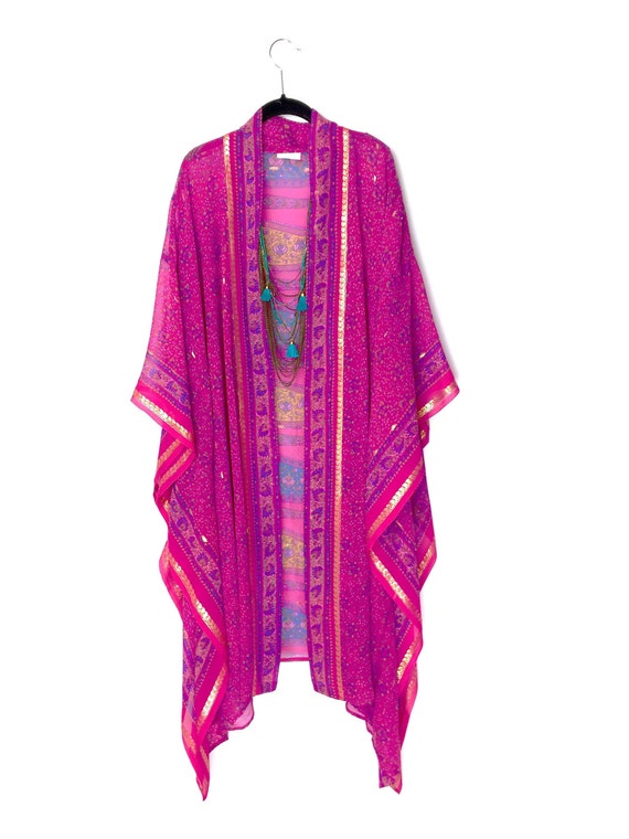 Silk kimono kaftan / beach cover up / in pink and blue paisley