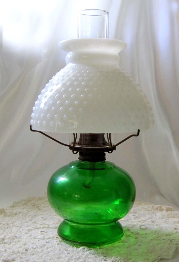 Green Emerald Base Oil Lamp Milk Glass Hobnail Shade Eagle