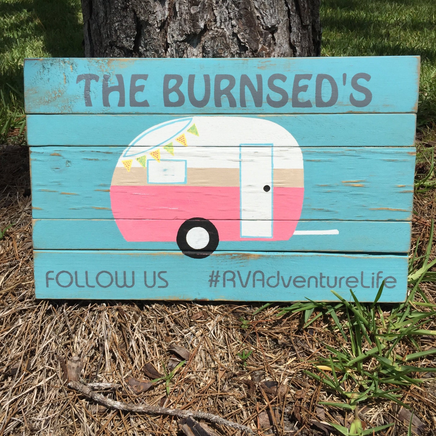 Personalized wooden sign with cute camper