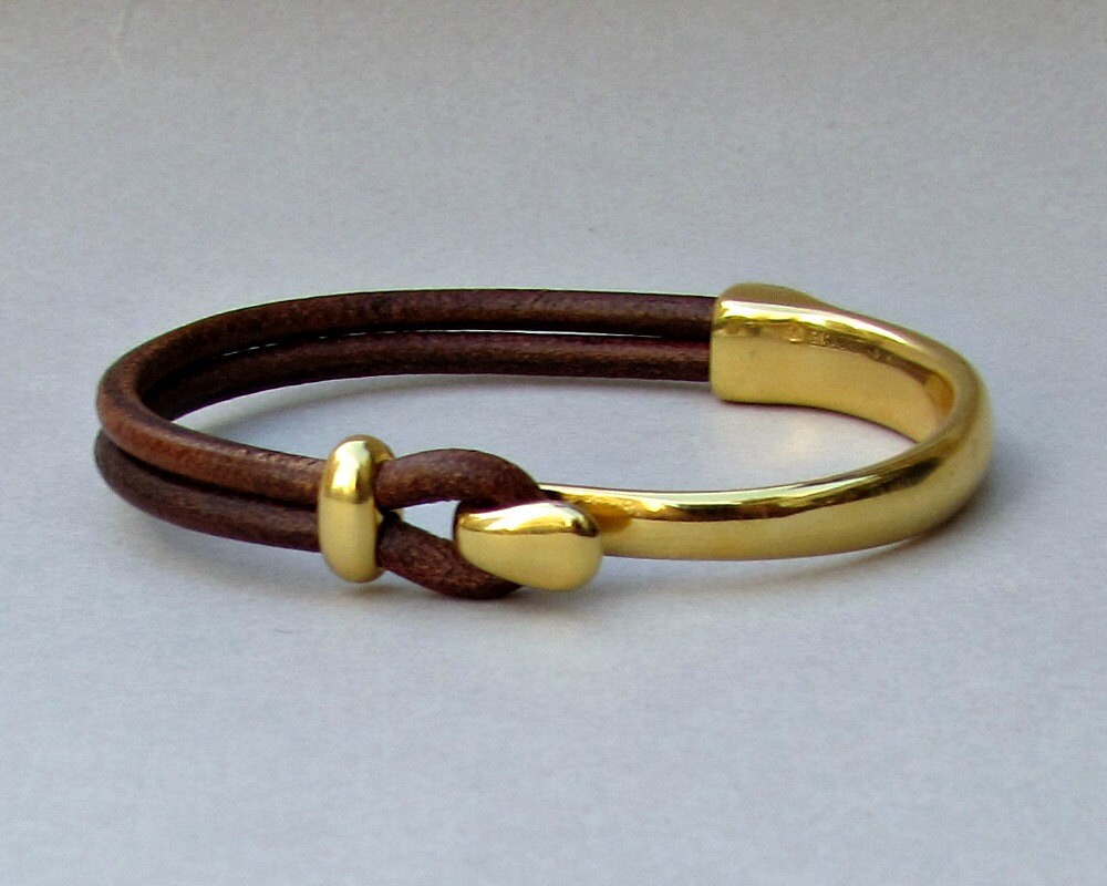Gold Unisex Leather BraceletCuff Black Brown Leather