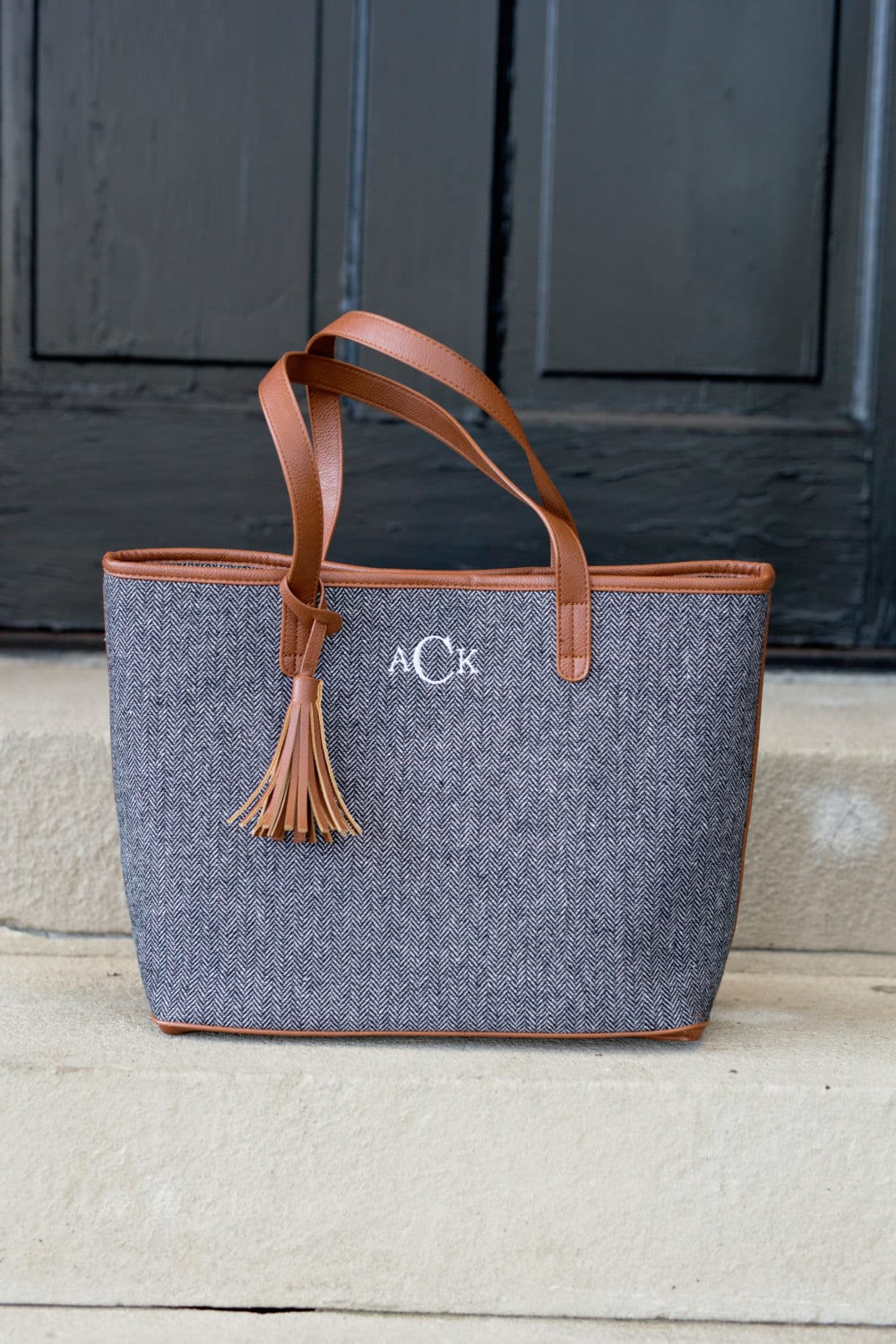 Monogrammed Wool Herringbone Tassel Tote Bag | Handbag