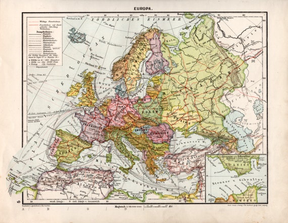 1920's Europe Old Map European Continent Antique Map