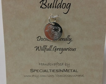 Bulldog charm, Sterling silver (925) charm engraved with a lovable bulldog, Personalized dog charm