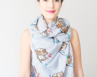 Owl Scarf Owl Print Scarf Blue Scarf Owl Lover Gift For Her Women Accessory Women Fashion Fall Fashion Soft Scarf Summer Scarf