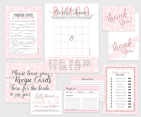 Bridal Shower Bundle - Instant Download - Printable bridal shower games, recipe card, signs, thank you cards