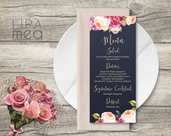 Wedding Menu Printable, Floral Wedding Menu card, Navy Wedding Menu, Printable wedding Menu, Modern Wedding Menu, Hydrangea & Peony Menu