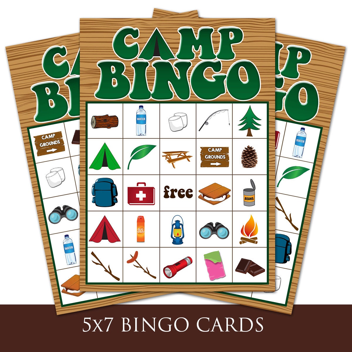 Green Camping Party Bingo Cards