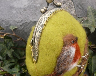 Wet Felted Robin coin purse Ready to Ship with gift wrapping, frame metal closure Kiss lock gift for her